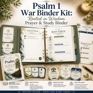 May include: A Psalm 1 War Binder Kit featuring a green binder with open pages for scripture writing and root check. Includes printed cards for intercession, strategy, walk, stand, sit, and bonus prayer cards with a black pen on the side.