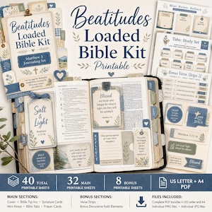 Puede incluir: Un kit imprimible Beatitudes Loaded Bible Kit con elementos de papel azul y crema, incluyendo tarjetas de diario, pestañas y tiras de versículos. El set incluye un estudio de Mateo 5 con textos como Salt & Light, Blessed y Reflect, diseñado para el diario bíblico y la reflexión.