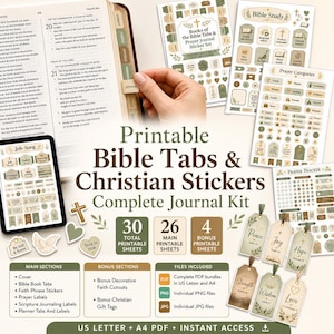 May include: A printable Bible tabs and Christian stickers journal kit featuring sheets of religious labels, prayer trackers, and decorative tags in earth tones. The set includes 30 total printable sheets with PDF, PNG, and JPG file formats.