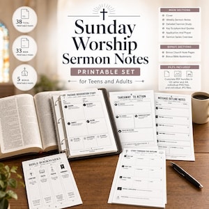 May include: A printable Sunday Worship Sermon Notes set featuring 38 pages including sermon notes, study guides, and bookmarks. The set includes a Passage Observation Study sheet, Takeaway to Action page, and Message Outline Notes with black text on white paper.