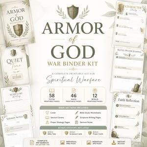 May include: A printable Armor of God War Binder Kit featuring 58 total pages, including sections for character study, battle prayer journals, scripture writing, and sermon notes, decorated with shield and leaf illustrations in olive green and gold.
