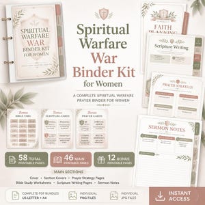 Puede incluir: Un kit de carpeta para guerra espiritual con páginas imprimibles que incluyen un emblema de escudo, detalles florales y texto como Spiritual Warfare War Binder Kit for Women, Faith Planning, Scripture Writing, Prayer Strategy y Sermon Notes.