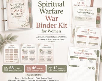 May include: A spiritual warfare binder kit featuring printable pages with a shield emblem, floral accents, and text including Spiritual Warfare War Binder Kit for Women, Faith Planning, Scripture Writing, Prayer Strategy, and Sermon Notes.