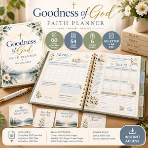 Puede incluir: Un conjunto de planificador de fe Goodness of God que incluye un planificador de espiral, una portada a juego y cuatro tarjetas de escrituras cuadradas. Las páginas del planificador incluyen secciones para planificación mensual y semanal.