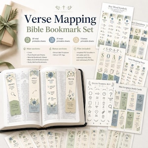 May include: A Verse Mapping Bible Bookmark Set featuring 18 printable sheets with floral designs in blue and green. The set includes bookmarks with text like Observe, Apple, Meaning, and Prayer, alongside study symbol keys and mini scripture cards.