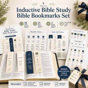 May include: A digital Inductive Bible Study Bible Bookmarks set featuring 18 printable sheets in US Letter and A4 sizes. The collection includes bookmarks with themes like Observe, Interpret, and Apply, alongside mini scripture cards and gift tags.