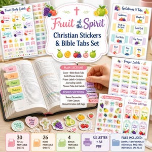 Può includere: Un set di adesivi cristiani e linguette per Bibbia stampabili con illustrazioni di frutta e testo. Include fogli per etichette di studio sui frutti, linguette per Galati 5 ed etichette di preghiera. Il set comprende 30 fogli stampabili in formato A4.