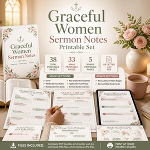 Op de afbeelding: Een printbare set preeknotities getiteld Graceful Women met 38 pagina's, inclusief hoofdsecties voor schriftlezingen, reflectie en gebed. De set bevat US Letter- en A4-PDF-bestanden, met diverse werkbladen zoals observatienotities, gespreksnotities voor kleine groepen en schriftgeheugennotities.