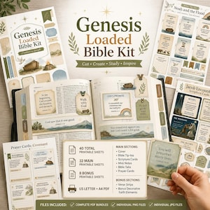 Könnte beinhalten: Ein Genesis Loaded Bibel-Set mit bedruckbaren Bögen zu religiösen Themen, darunter Noah and the Flood, Jacob Encounter Schriftkarten und Gebetskarten. Das Set enthält ein Deckblatt, Bibel-Einleger, Notizen, Register und Versstreifen.
