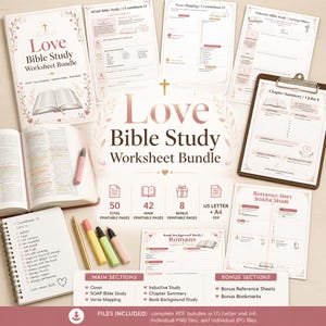 May include: A Love Bible Study Worksheet Bundle featuring multiple printable pages, a spiral notebook with handwritten text, a Bible, and coloured pens. The documents include sections for SOAP, verse mapping, and chapter summaries in US Letter and A4 sizes.