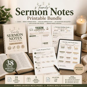 May include: A printable bundle of Family Sermon Notes featuring 38 pages, including a cover, weekly notes, study guides, and prayer sheets. The set includes US Letter and A4 PDF formats, with individual PNG and JPG files for digital or physical use.