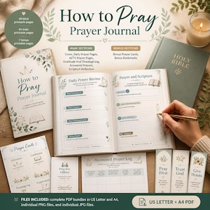 Op de afbeelding: Een How to Pray gebedsdagboekset met een printbare gids van 48 pagina's, dagelijkse gebedspagina's en secties voor schriftreflectie. Inclusief bonus gebedskaarten, bladwijzers en een logboek voor verhoorde gebeden. Bestanden in US Letter en A4.