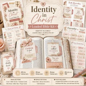Könnte beinhalten: Ein Bibel-Journaling-Set mit dem Titel Identity in Christ Loaded Bible Kit, bestehend aus druckbaren Bögen mit Schriftkarten, Gebetsstreifen und Studien-Tabs. Das Set enthält dekorative Elemente in zartem Rosa und Beige.