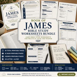 May include: A Book of James Bible study worksheets bundle featuring multiple printable pages with headers like SOAP Bible Study, Verse Mapping, and Chapter 2 Summary. The set includes 50 total pages in US Letter and A4 PDF formats for study.