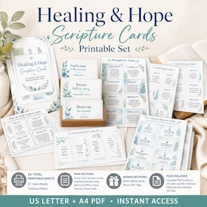 May include: A printable set of Healing & Hope Scripture Cards featuring various sheets with blue and green botanical illustrations, text-based verses, and memory review cards. The collection includes 24 total printable sheets in US Letter size.