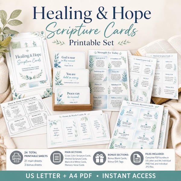Healing scripture cards printable set, Bible verse cards for hope, Christian cards printable, memory verse cards