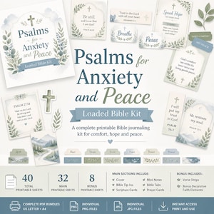 May include: A printable Bible journaling kit titled Psalms for Anxiety and Peace, featuring 40 total sheets including verse strips, scripture cards, and Bible tabs. The design uses watercolor greenery, blue accents, and text with religious themes.