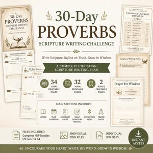 May include: A 30-Day Proverbs Scripture Writing Challenge printable set featuring a cover page, daily writing sheets, checklists, and prayer pages. The documents include text, icons, and illustrations of an oil lamp and open book.