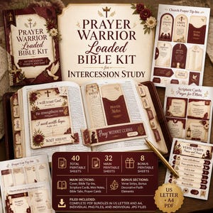 May include: A Prayer Warrior Loaded Bible Kit for intercession study featuring printable sheets, scripture cards, prayer list tip-ins, and verse strips. The kit includes 40 total printable sheets, 32 main sheets, and 8 bonus sheets in US letter and A4.
