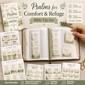 Puede incluir: Una colección de insertos bíblicos imprimibles titulados Psalms for Comfort & Refuge, con 32 hojas en formatos US Letter y A4 PDF. El set incluye tarjetas de oración, pestañas y sugerencias con ilustraciones de paisajes verdes en papel crema.