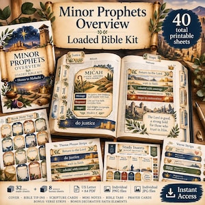 Könnte beinhalten: Ein Minor Prophets Overview Bibel-Set mit 40 druckbaren Seiten, einschließlich Buchnotiz-Anhängern, Themen-Streifen, Studien-Einlagen und Vers-Streifen. Das Set enthält ein Cover, Bibel-Einleger, Schriftkarten und dekorative Glaubenselemente.
