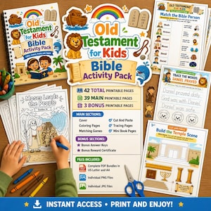 Könnte beinhalten: Ein Old Testament for Kids Bibel-Aktivitätspaket mit druckbaren Seiten für Mal-, Zuordnungs- und Nachspurübungen. Das Set enthält ein spiralgebundenes Buch, einzelne Arbeitsblätter und eine Zusammenfassungsseite mit 42 Seiten.