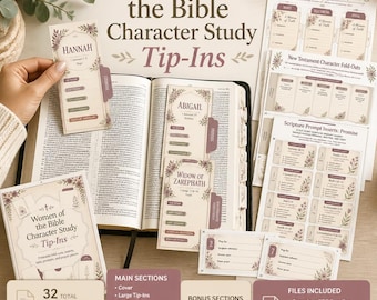 May include: A Women of the Bible Character Study Tip-Ins kit featuring printed sheets with floral borders, including mini tip-ins, character fold-outs, scripture prompt inserts, and prayer inserts, displayed alongside an open Bible.