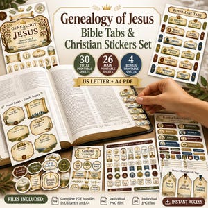 Puede incluir: Un conjunto de pestañas bíblicas y pegatinas cristianas imprimibles tituladas Genealogy of Jesus, con 30 hojas de etiquetas, marcadores e índices en tonos beige, marrón y azul, presentados junto a una Biblia abierta con pestañas aplicadas.