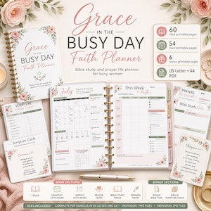 May include: A printable faith planner titled Grace in the Busy Day, featuring a spiral-bound cover, monthly and weekly layouts, scripture trackers, and cards. Includes 60 total pages in US Letter and A4 sizes, with floral accents and pink text.