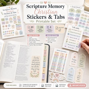 May include: A printable set of Scripture Memory Christian Stickers and Tabs featuring various labels, tags, and cutouts with religious text. The collection includes 30 total sheets, 26 main sheets, and 4 bonus sheets in US Letter and A4 PDF formats.