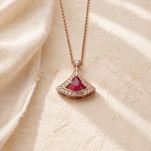 Lab Grown Ruby Necklace, 18K Rose Gold Plated S925 Silver Fan Pendant, Pear Cut Red Gemstone Jewelry, Anniversary Gift for Her
