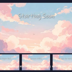 Stream-Bildschirme mit pastellfarbenem Wolkenhimmel + animiertes Webcam-Overlay | Gleich geht's los, Bin gleich wieder da, Offline, Ende | Verträumtes Sonnenuntergangs-Twitch-Paket | Nahtloses MP4
