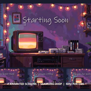 Op de afbeelding: Een digitale illustratie van een retro kamer met een vintage televisie die een zonsondergang toont, een spelcomputer en lichtsnoeren. De tekst Starting Soon, Be Right Back, Stream Offline en Thanks for Watching staat op vier schermen.