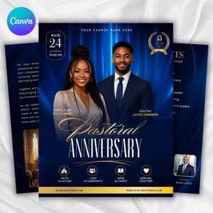 May include: A blue and gold pastoral anniversary flyer featuring a man and woman, the text "Pastoral Anniversary," "First Lady Emma Jhon," "Pastor James Dawson," "Aug 24," "15 Year Anniversary," and church event details on a dark blue background.