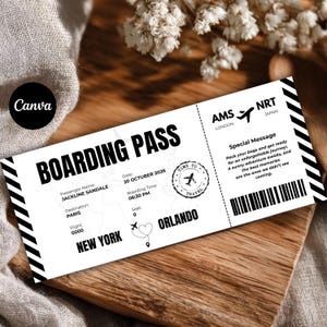 Può includere: Una carta d'imbarco bianca con testo nero e bordi a strisce diagonali. Include il testo BOARDING PASS, il nome del passeggero JACKLINE SANDALE, la destinazione PARIS, la data 20 OCTOBER 2026, l'orario 06:30 PM e un messaggio speciale.