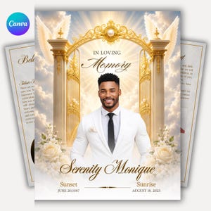 Puede incluir: Una plantilla de programa funerario con un hombre en traje blanco y corbata negra frente a una puerta dorada arqueada con alas de ángel. El texto dice IN LOVING MEMORY, Serenity Monique, Sunrise AUGUST 18, 2025, y Sunset JUNE 20, 1987.