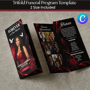 Puede incluir: Una plantilla de programa funerario tríptico con fondo negro, remolinos abstractos rojos y rosas rojas. La parte frontal muestra una foto de una persona con vestido rojo, el texto "FOREVER in Our Hearts" y "JASMINE ANDERSON WILLIAMS".