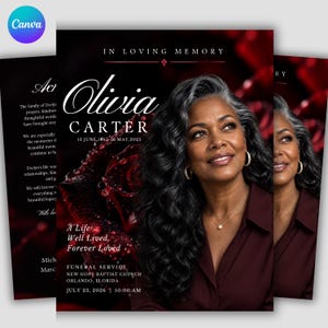May include: A funeral program template featuring a portrait of a woman with long dark hair, a maroon shirt, and gold jewelry. The text reads In Loving Memory, Olivia Carter, 12 June 1865-16 May 2025, A Life Well Lived, Forever Loved, and New Hope Baptist Church.