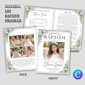 May include: An editable LDS baptism program template featuring a front cover with a photo of a girl, a back cover with four photo slots, and an inside page with text. The design includes green eucalyptus and white floral accents.