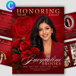 Pode incluir: Um modelo de programa funerário com o retrato de uma mulher de blazer vermelho, rodeada por rosas vermelho-escuras. O texto diz HONORING THE LIFE & LEGACY, Jacqueline BROOKS, MAY 7, 1990 – AUGUST 3, 2026, NEW HOPE BAPTIST CHURCH, ORLANDO, FLORIDA.