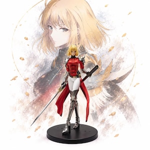 May include: A collectible figure of a blonde character wearing a red top, white pants, and silver armor plating on the shoulders and legs. The figure holds a long, thin sword in one hand and stands on a circular black base against a backdrop illustration.