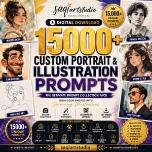 Könnte beinhalten: Eine digitale Download-Sammlung mit über 15.000 benutzerdefinierten Porträt- und Illustrations-Prompts. Die Grafik zeigt verschiedene künstlerische Stile, darunter Aquarell, Bleistiftskizze, Karikatur, Anime, One-Line-Art und Vektorgrafik.