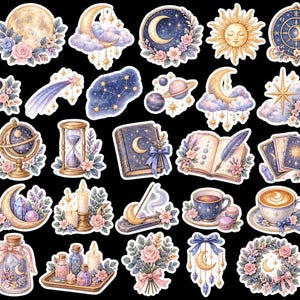 May include: A collection of celestial and mystical stickers featuring moons, suns, stars, planets, telescopes, hourglasses, books, tarot cards, crystals, candles, tea cups, and floral arrangements in shades of blue, purple, gold, and soft pink.