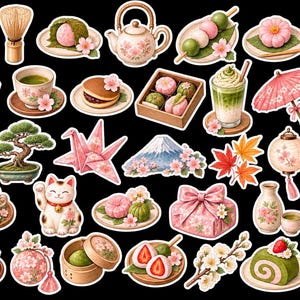 May include: A collection of stickers featuring Japanese-themed illustrations including matcha tea, cherry blossoms, a koi fish, a bonsai tree, a paper crane, Mount Fuji, a maneki-neko cat, dango, mochi, a teapot, a paper umbrella, and a fan.