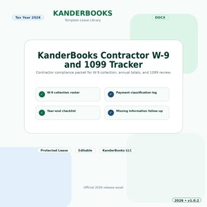 Może przedstawiać: Dokument cyfrowy zatytułowany KanderBooks Contractor W-9 and 1099 Tracker na rok podatkowy 2026. Zawiera pakiet zgodności dla wykonawc&oacute;w z listą zbierania formularzy W-9, dziennikiem klasyfikacji płatności oraz listą kontrolną na koniec roku.