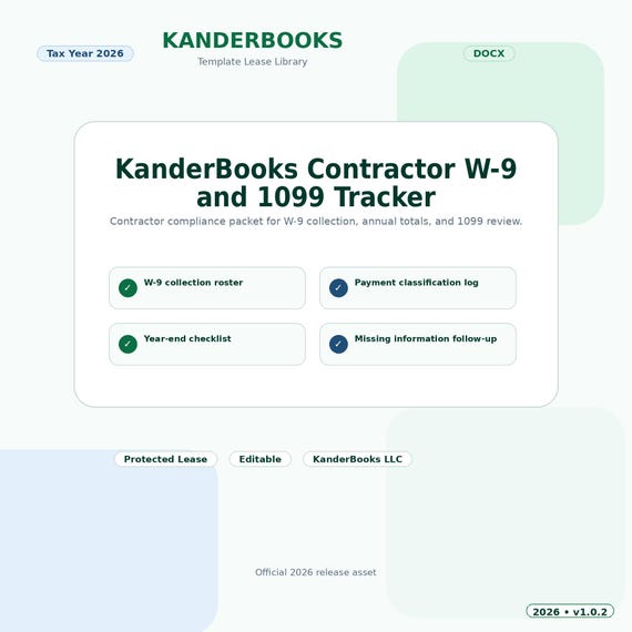 KanderBooks Contractor W-9 and 1099 Tracker - Tax Year 2026