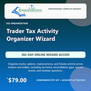 May include: A digital product graphic for the KanderBooks Trader Tax Activity Organizer Wizard. The blue and white layout features the text 365-DAY ONLINE WIZARD ACCESS and details for organizing stocks, options, cryptocurrency, and futures activity.