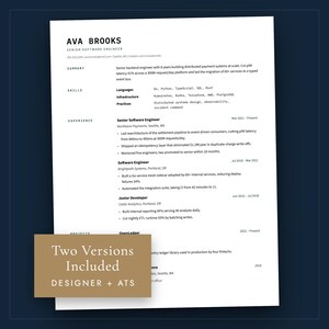 May include: A professional CV document for a Senior Software Engineer named Ava Brooks, featuring sections for summary, skills, and experience. A tan rectangular overlay at the bottom contains the white text: Two Versions Included DESIGNER + ATS.