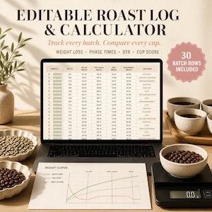 Profiler för rostning av Arabicakaffe | 15 rostningskort | Redigerbar rostningslogg | PDF och kalkylblad för specialrostare av kaffe