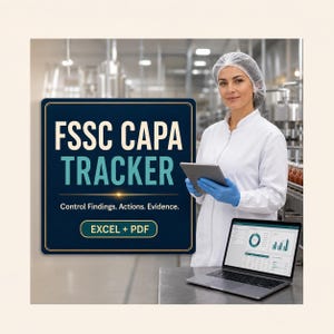 May include: A digital FSSC CAPA TRACKER tool for managing control findings, actions, and evidence. The display features the text FSSC CAPA TRACKER, Control Findings. Actions. Evidence., and EXCEL + PDF, alongside a laptop showing data charts.